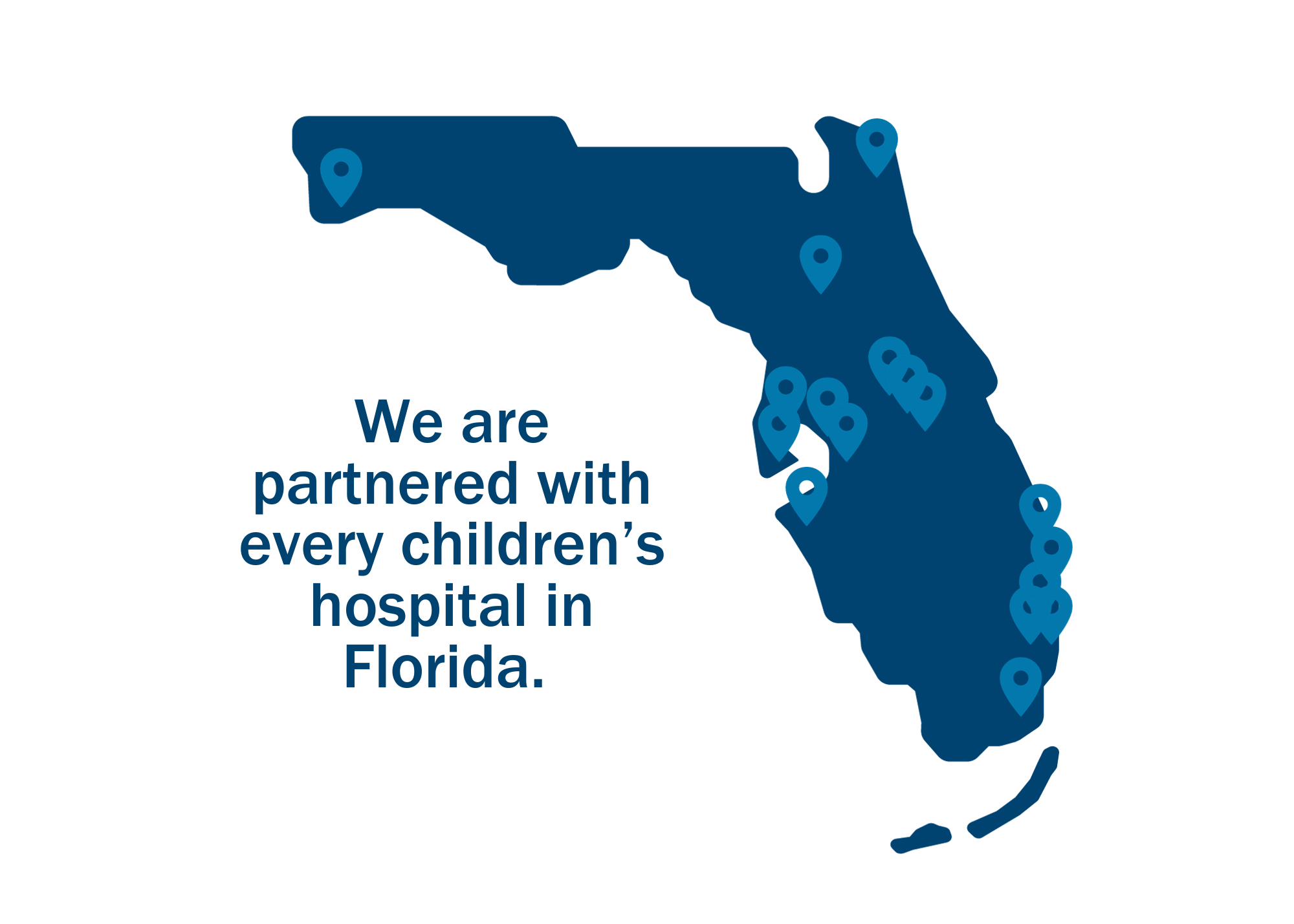 A blue outline of florida with small light blue indicators showing Roc Solid partner hospital locations