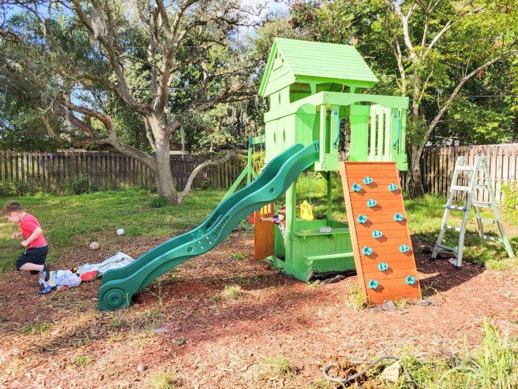 Jacobs finished playset!  Jacobs favorite color is green so he and his family painted his entire playset green.